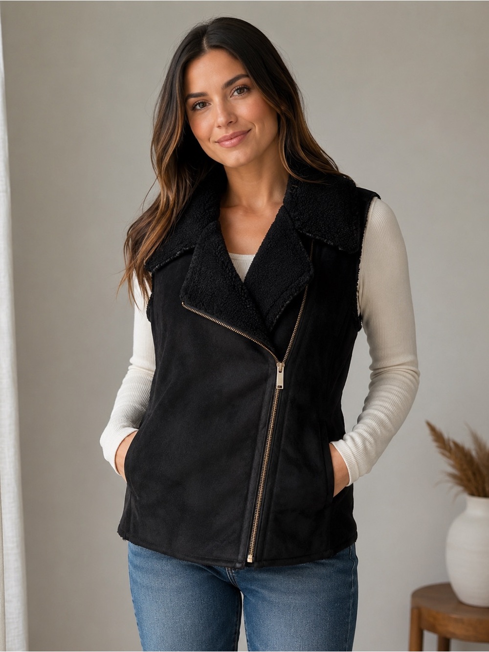 Bob Timberlake Women’s Black Faux Shearling Moto Vest Size Large